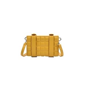 Yellow quilted box crossbody bag with silver hardware and retro square design