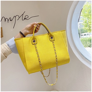 Detail of a bright yellow woven tote bag featuring a textured finish and metal chain strap