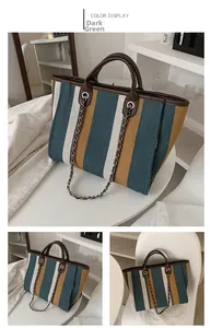 Detail view of large capacity striped tote bag in dark green with chain and PU handle