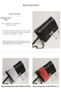 Detail view of black quilted crossbody bag with metal chain strap and size comparison