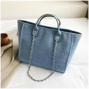 Detail of light blue textured tote bag with chain strap and top handle in a lifestyle setting