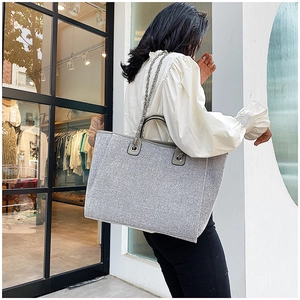 Detail of grey textured tote bag with metal chain strap and leather handle shown on model