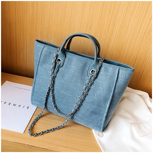 Detail of blue woven tote bag showing texture, leather handles and metal chain straps