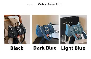 Three colors of denim chain crossbody bags in black, dark blue, and light blue options
