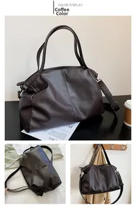 Detail view of coffee brown PU leather tote with litchi texture and adjustable strap
