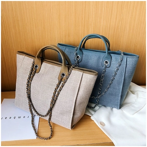 Detail of woven tote bags with leather handles and silver chain straps in two colors