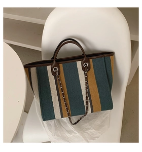 Détail du sac en toile rayée avec poignées en cuir marron et bandoulière chaîne