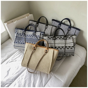 Detailed shot of diverse geometric pattern tote bags with chain straps and leather handles