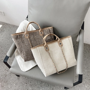Women Large Capacity Polyester Tote Bag Tweed Texture Metal Chain Shoulder Bag Retro Stitching Handbag For Women Daily Use