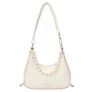 Sac demi-lune beige avec chaîne perlée et bandoulière tissée au style minimaliste