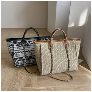 Detail of geometric woven tote bags with leather handles and chain straps on minimalist floor