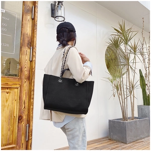 Outdoor street style shot showing the black chain strap tote bag on a model shoulder