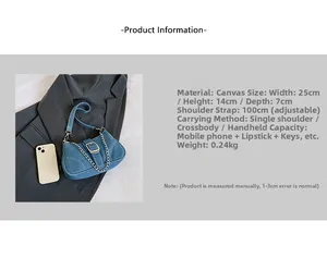 Blue denim crossbody bag dimensions chart showing size 25x14x7cm and silver chain strap
