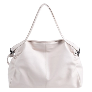 Large beige soft PU leather tote bag with pebble grain texture and sturdy shoulder straps