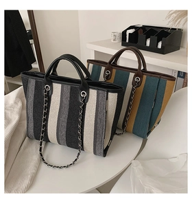 Détail de sacs fourre-tout à rayures avec bandoulières en chaîne et cuir sur table épurée