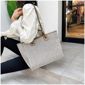 Detail of grey woven tote bag with brown leather handles and metal chain strap on model