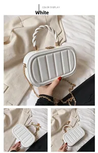 White PU leather box bag with vertical quilting and elegant gold chain strap detail