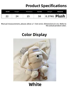 Tableau des tailles du sac lapin en peluche avec dimensions 22x24x15cm et détails de poids