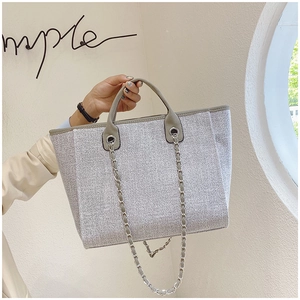 Close-up of a grey textured tote bag with silver chain strap and leather handle