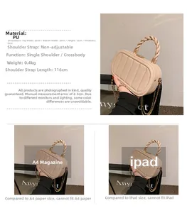 Detailed views of beige PU leather handbag with size comparison and gold chain strap
