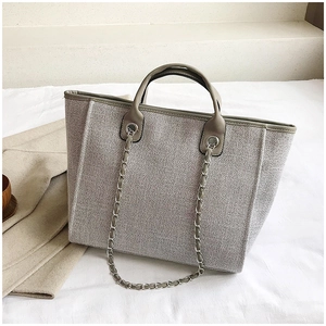 Detail of grey woven bucket bag featuring PU leather trim and metal chain strap