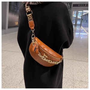 Brown crocodile embossed chest bag with gold chunky chain and wide jacquard strap detail