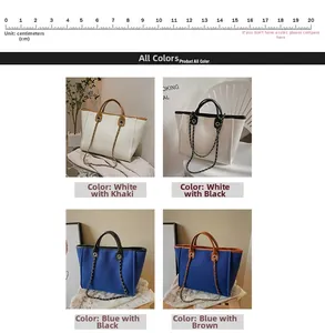 Collage of four large tote bags in mixed color combinations with a measurement ruler scale
