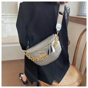 Detail of silver crocodile pattern crossbody bag with golden horse buckle and chain