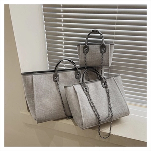 Three-piece grey canvas tote set showing large, medium and small sizes with metal chains