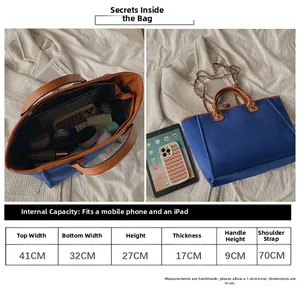 Detailed size chart for blue canvas tote with inner storage capacity for iPad and phone