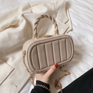 Trendy Women Vertical Quilted PU Leather Small Square Bag With Twisted Handle Gold Metal Chain Shoulder Crossbody Bag