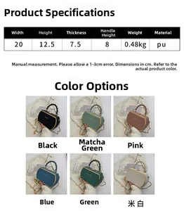 Detailed size specifications and six color options for the fashion chain handbag