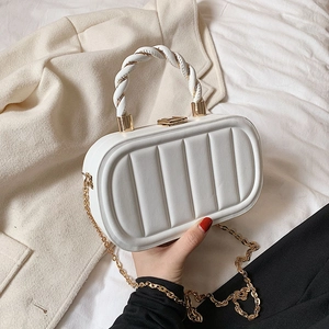 Elegant white quilted small square bag with rope handle and gold chain strap