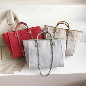 Chic large-capacity tote bags in red, grey, and beige with chain straps and woven fabric