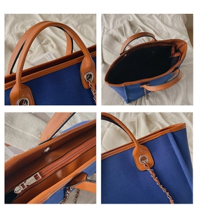 Detailed views of the blue canvas tote bag showing stitching, hardware, and interior structure