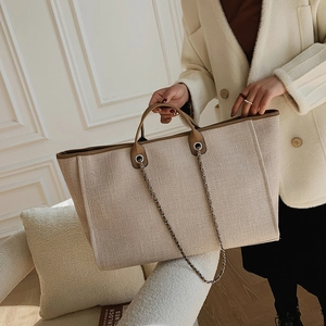 Large Capacity Canvas Woven Texture Tote Bag For Women Daily Casual Shoulder Handbag With Chain Strap PU Leather Trim