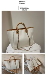 Detailed views of white and khaki canvas tote bag with chain strap and round handles