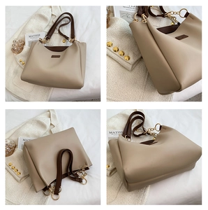 Detailed four-view of a large khaki tote bag with brown straps and gold metal chain links