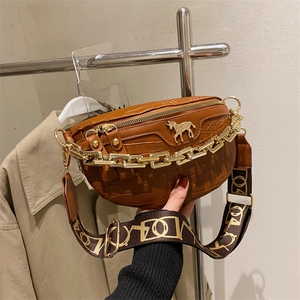 Women PU Crocodile Pattern Crossbody Bag Fashion Gold Thick Chain Waist Bag With Wide Alphabet Strap Shoulder Chest Bag