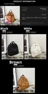 Detailed view of casual canvas backpacks in black, white, and brown with adjustable straps