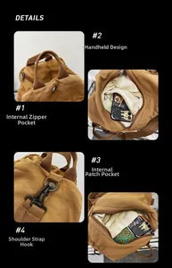 Detailed view of khaki canvas backpack showing reinforced straps and inner zipper pocket