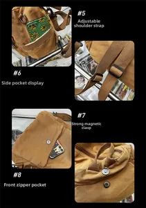 Detail view of brown canvas bag showing magnetic buckle, adjustable straps and zip pockets