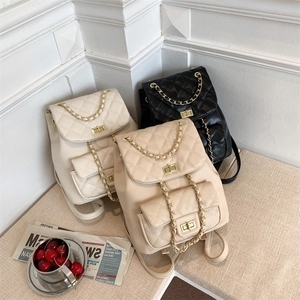 Quilted faux leather backpacks with gold chain straps in cream, apricot and black colors
