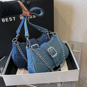 Women Vintage Oxford Cloth Denim Style Crossbody Bag Retro Small Square Bag With Metal Chain Square Buckle Daily Shoulder Bag