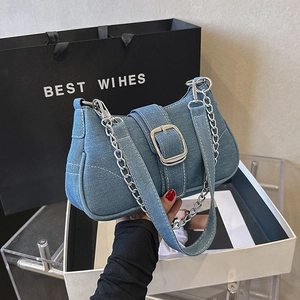 Retro denim shoulder bag with silver buckle and metal chain strap for women