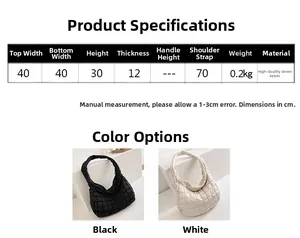 Size chart showing large quilted down tote bag dimensions and materials for women