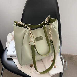 Fashionable mint and dark green PU leather tote bag with elegant chain shoulder strap