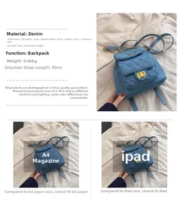 Detailed size specifications for quilted denim mini backpack with metal chain straps