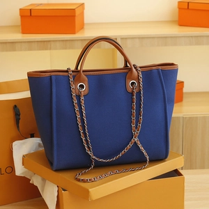 Women Fashion Canvas Tote Bag Large Capacity Handbag Contrast Color Shoulder Bag With Chain Strap Casual Commuter Bag
