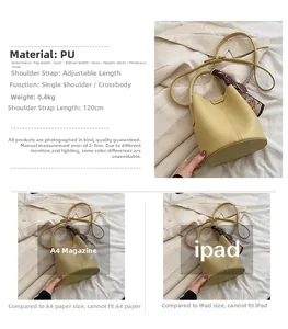 Detailed size specs for yellow lychee pattern bucket bag with silk scarf detail